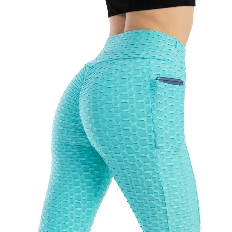 Women Fashion Pocket Bubble Pants Stretchy Slim Leggings Gym Running Cycling Fitness Pants High Waist Hip Lift Leggings Female