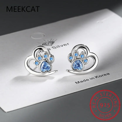 Cat Dog Pet Paw Genuine Natural Blue Topaz 925 Sterling Silver Heart Footprint Stud Earring for Women Statement Gemstone Jewelry