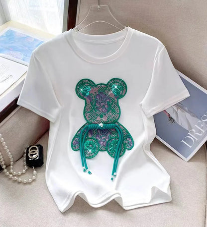 Buckle Green Bear Beading T-shirt Heavy Handmade Diomand Shiny Bowknot Embroidery T Shirt Summer Tees Top Accessories Clothes