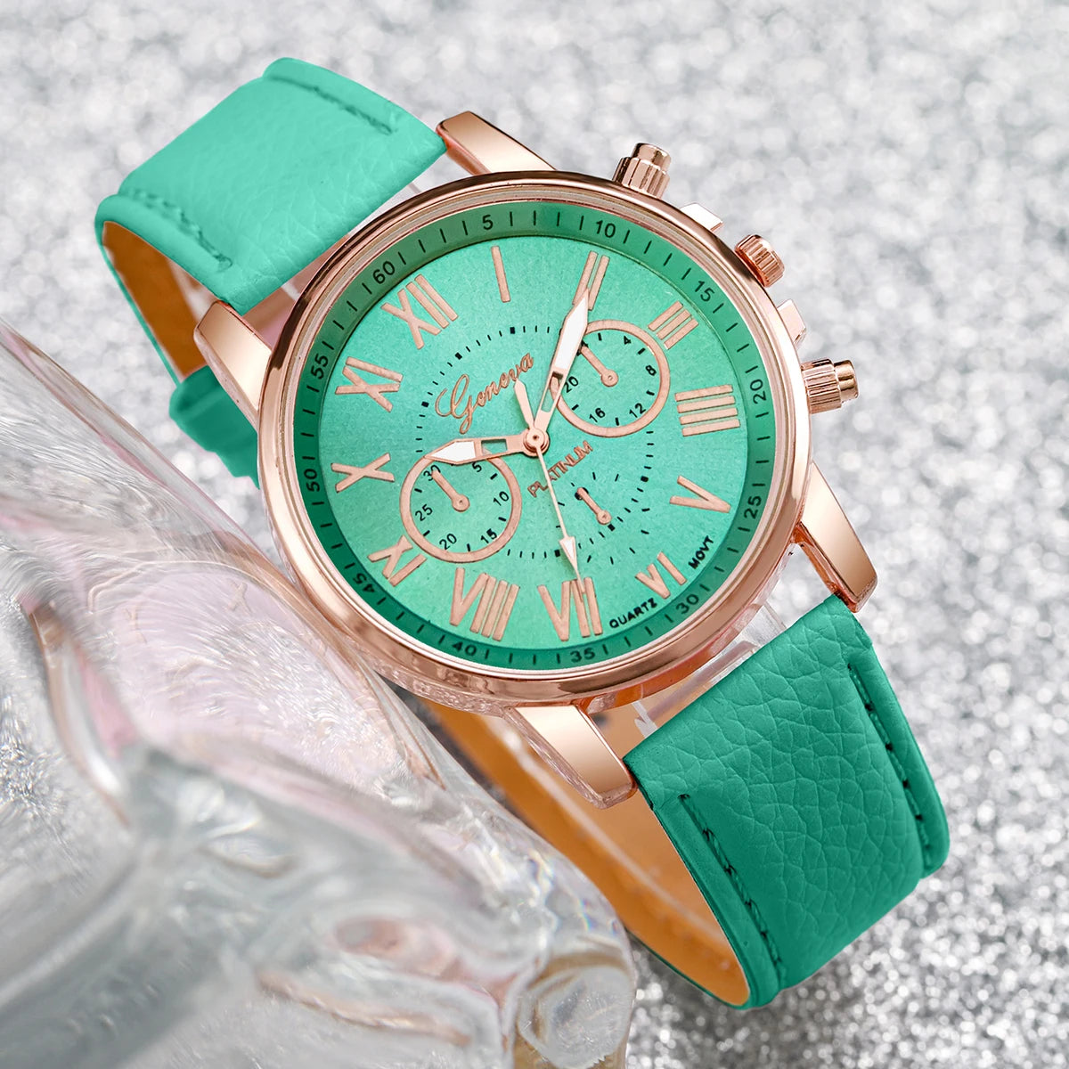 5PCs/Set Mint Green Fresh Fashion Watch Three Eyes dial Leather strap Quartz Watch Cat Eye Jewelry Set