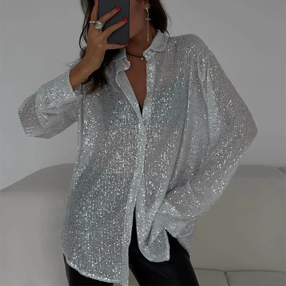 Fashion Solid Shiny Blouse For Women Chic Female Turn Down Collar Long Sleeves Shirt Elegant Single Breasted Ladies Loose Blouse