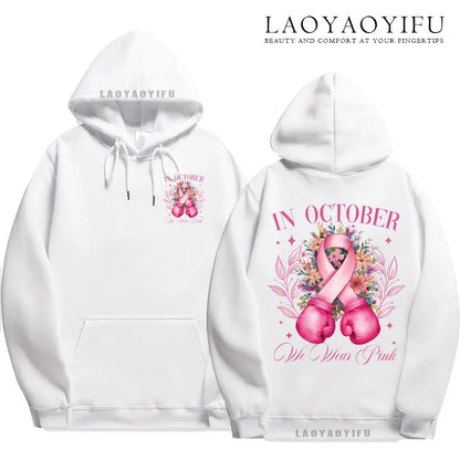 In October We Wear Pink Sublimation Design Print Hoodie Breast Cancer Awareness Fight Women Clothes Aesthetic Hoodies Streetwear