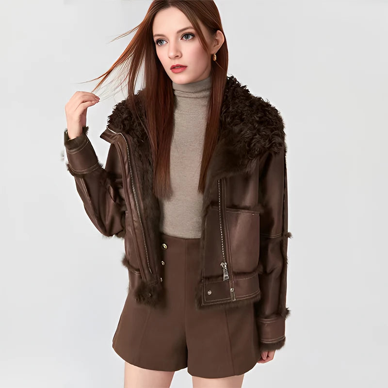 2024New Spring Women Retro Short Faux Leather Fur Coat Clothing Moto Biker Zipper Sheepskin Jacket Long Sleeved Turn Down Collar