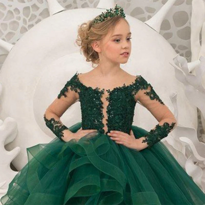 Gorgeous Green Flower Girl Dresses Scoop Neck Appliqued Beaded Long Sleeves Girl Pageant Gowns Ruffle Tiered Sweep Train Birthda