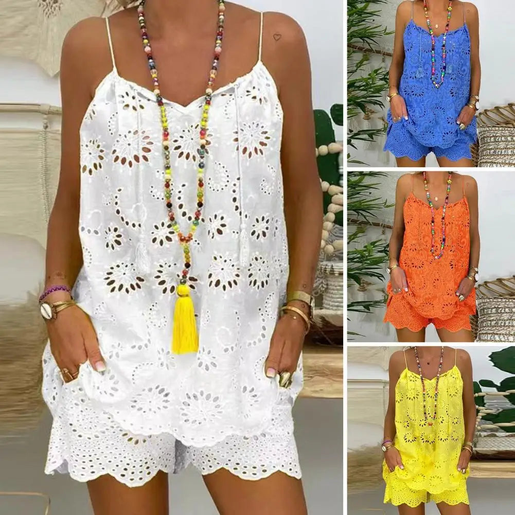 Chic Casual Outfit Sleeveless Top Shorts Set Embroidery Flower Pattern Loose Vest Shorts Casual Matching Set Dressing Up