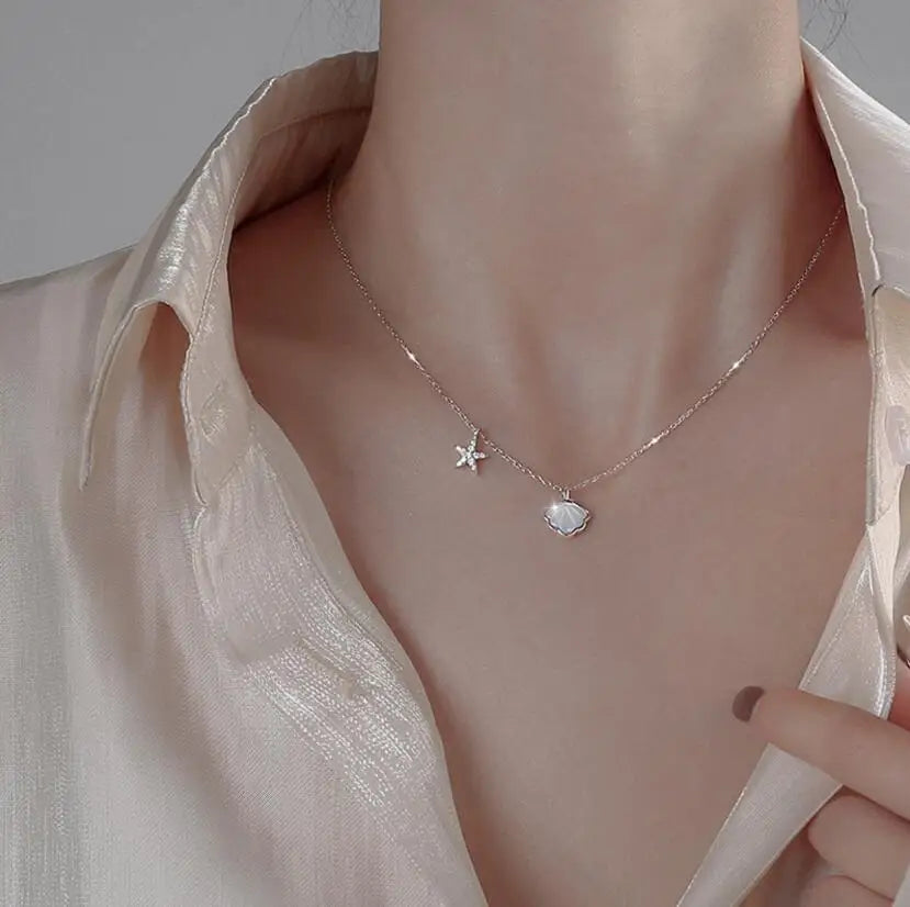 925 Sterling Silver Starfish Shell Pendant Necklace For Women Micro-Inlaid Shiny Zircon Clavicle Chain Party Jewelry Gift