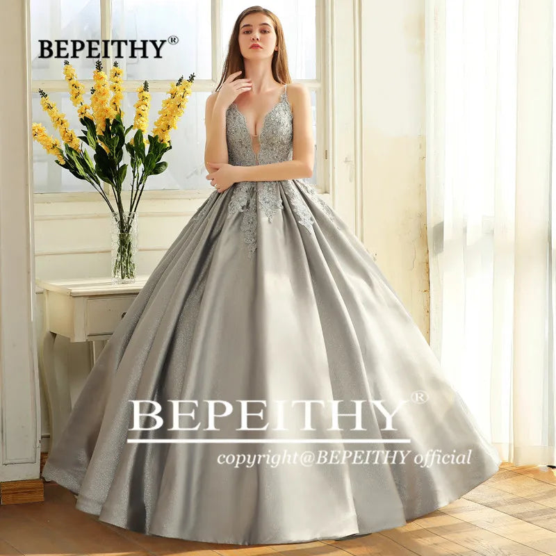 BEPEITHYCustomized Elegant Ball Gown Evening Dress Spaghetti Straps Lace Bodice Glitter Fabric Prom Vestidos De Ocasión Formales