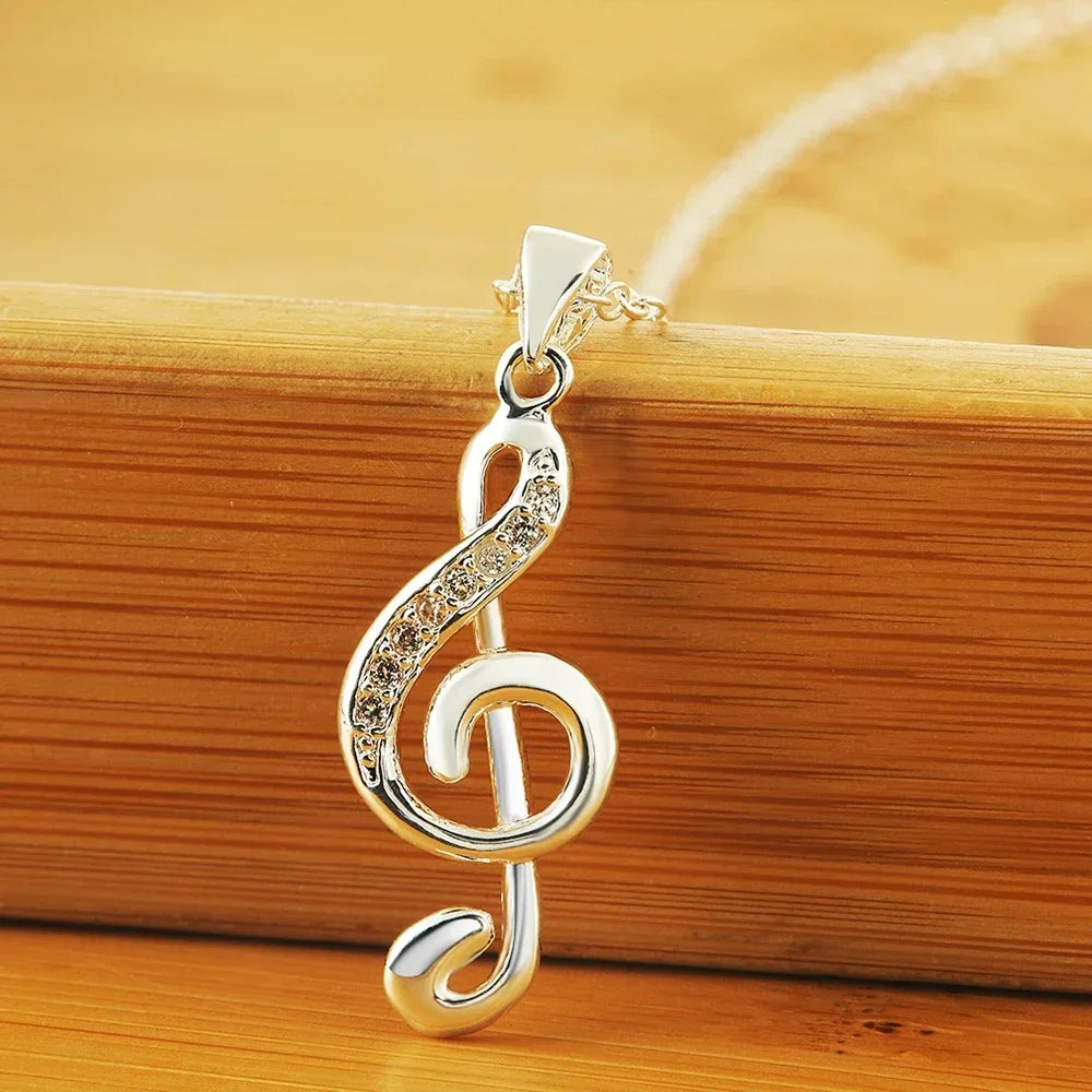 925 Sterling Silver Necklace For Women 18 inch crystal Elegant musical note Pendant high quality Fashion Jewelry Gifts