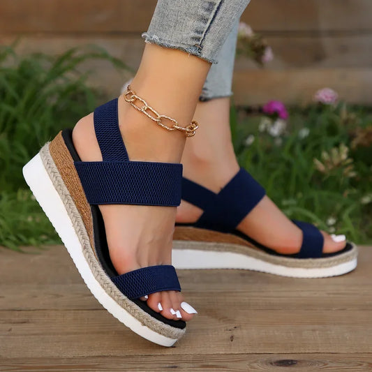 Women's Shoes 2024 Hot Sale Elastic Band Women's Sandals Summer Open Toe Solid Color Wedge Beach Shoes Ladies Platform Sandals