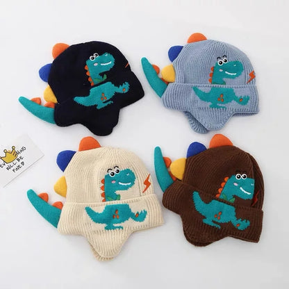 Winter Warm Baby Ear Protection Hat 3D Dinosaur Kids Earmuffs Cap Cartoon Toddler Woolen Knitted Hats 2-6 Years Children Beanies