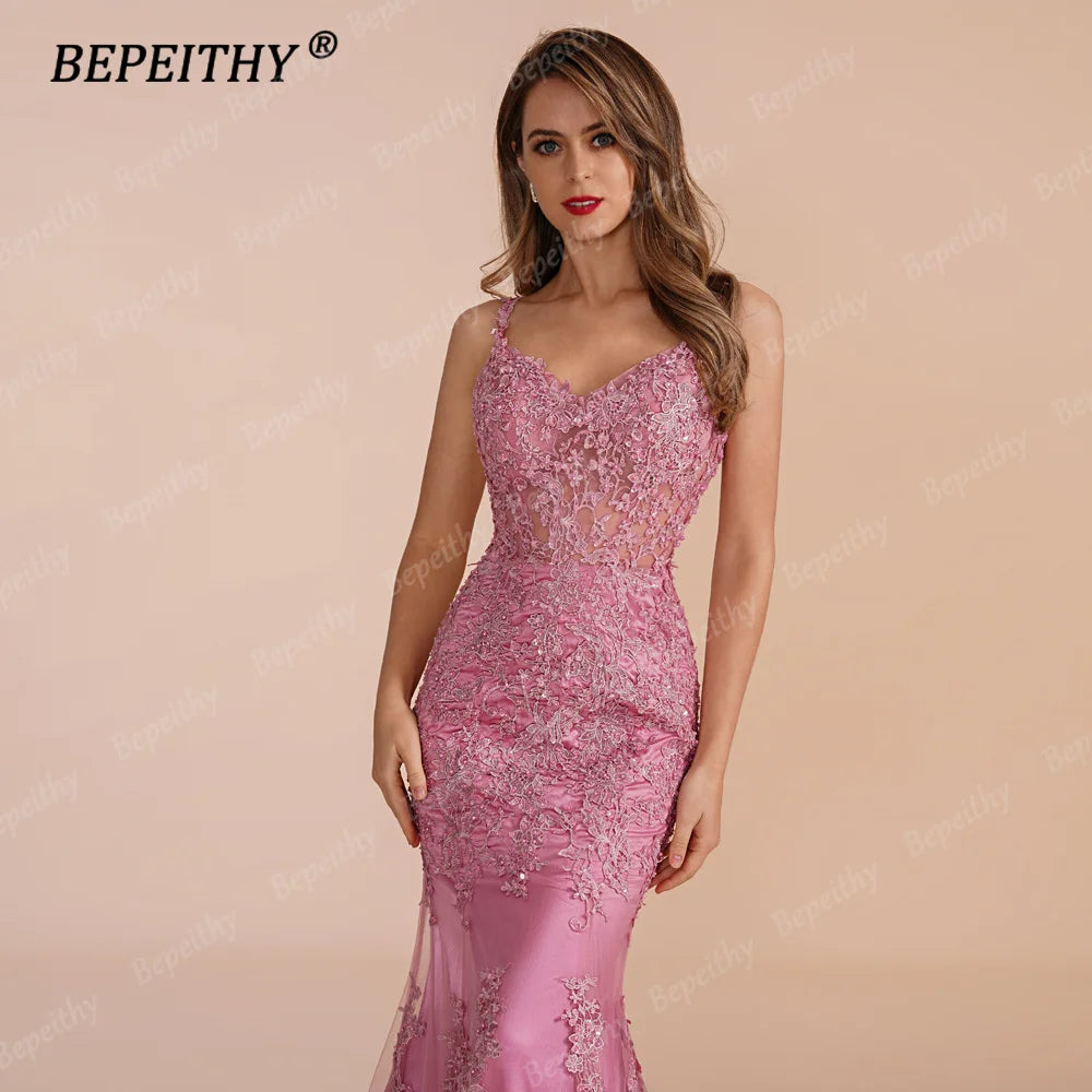 BEPEITHY Customized V Neck Mermaid Long Prom Evening Dresses 2023 Sleevesless Lace Sexy Sweep Train Wedding Party Gown For Women