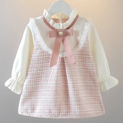 New In Spring Toddler Girl Dresses Korean Fashion Cute Bow Mesh Plaid Long Sleeve Princess Kids Dress Baby Clothes Outfit BC464