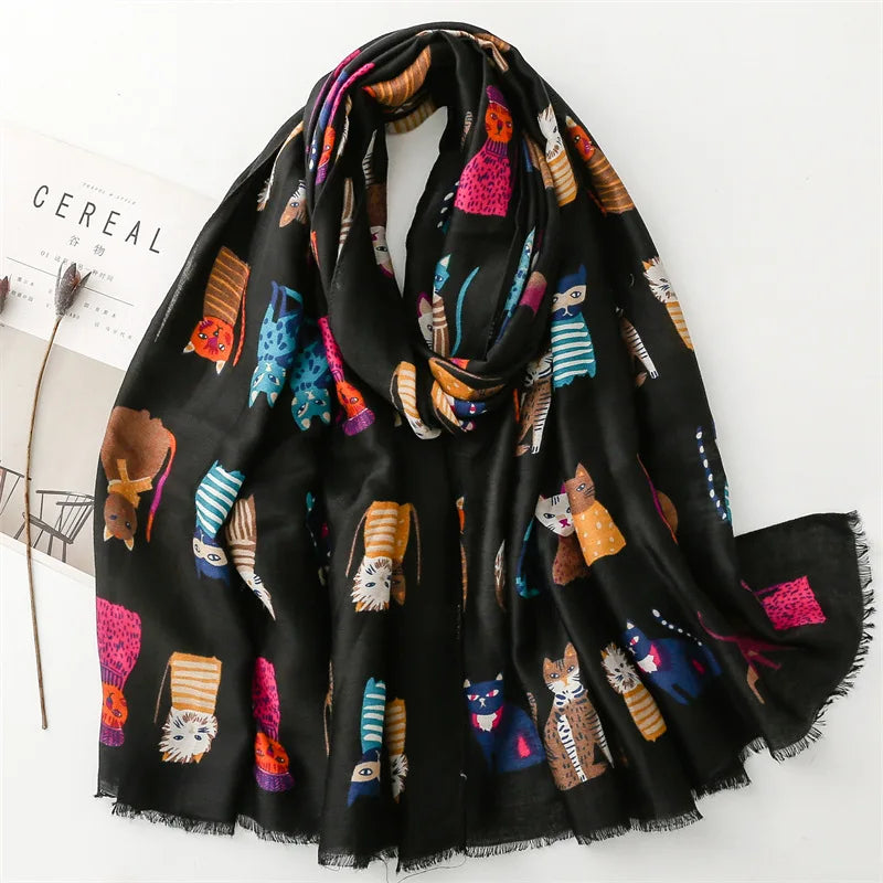 Luxury Brand New Women Winter Autumn Scarf Casual Soft Cotton and Linen Fashion Cats Prints Warm Long Shawls Scarves 2023