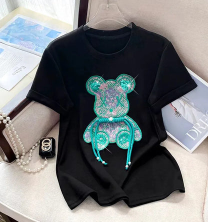 Buckle Green Bear Beading T-shirt Heavy Handmade Diomand Shiny Bowknot Embroidery T Shirt Summer Tees Top Accessories Clothes