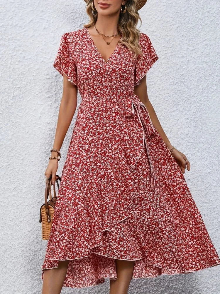 Summer Women's Flower Flowy Split Midi Dress Fashion V Neck Short Sleeve Irregular Dresses Boho Beach Holiday Sundress Robe