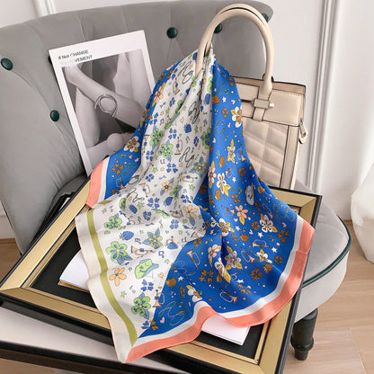 Luxury Floral 70cm Square Scarf for Women Design Satin Silk Neckechief Hair Ribbon Bandana Headband Female Wrist Wrap Shawl 2023