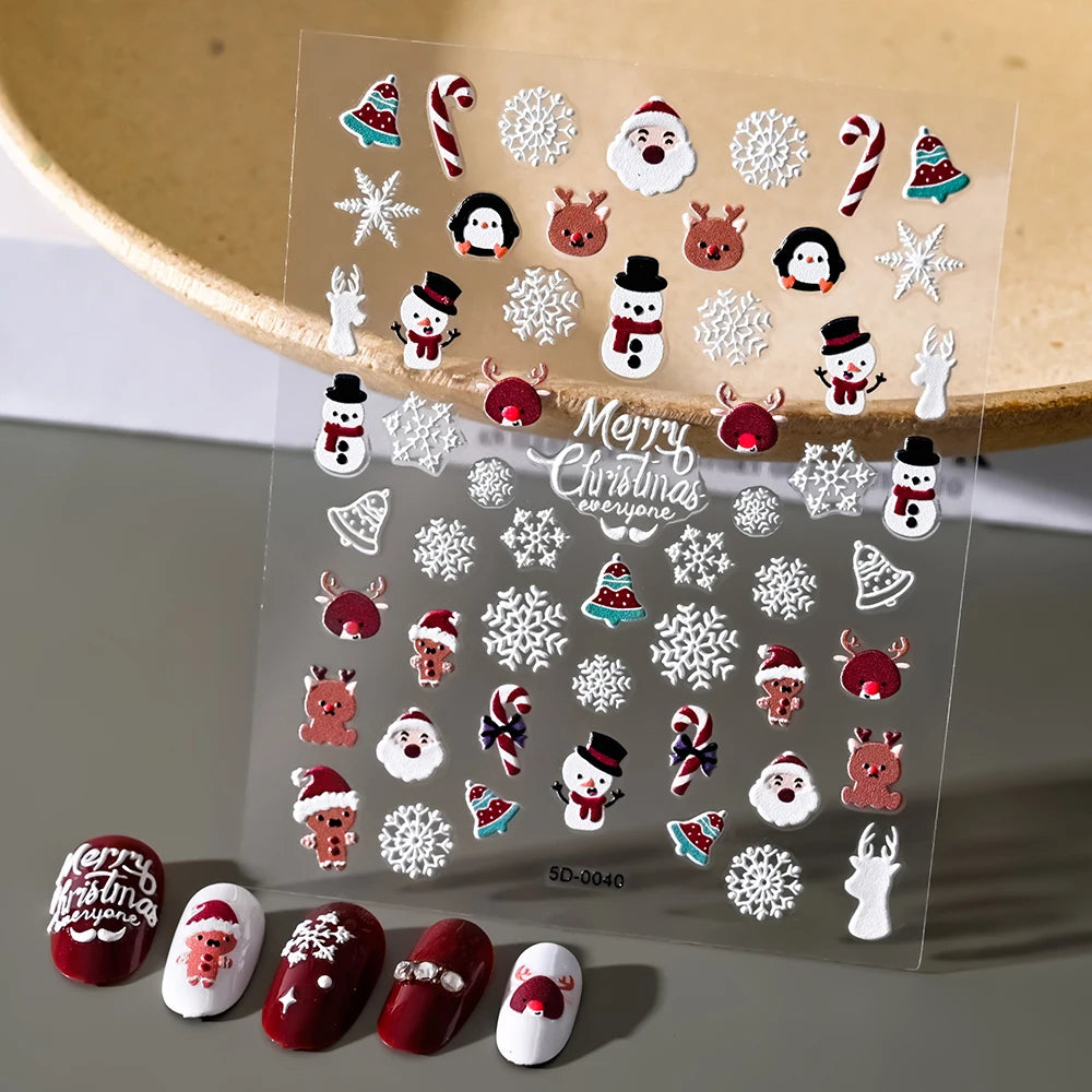 Christmas 5D Embossed Snowman Snowflakes Nail Art Stickers 8*10cm