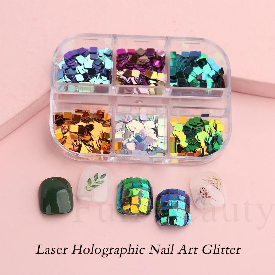 6 Grids Laser Checkerboard Nails Glitters Square Holographic Nails Sequins Mirror Chrome Paillette Manicure Decoration JI1909-37