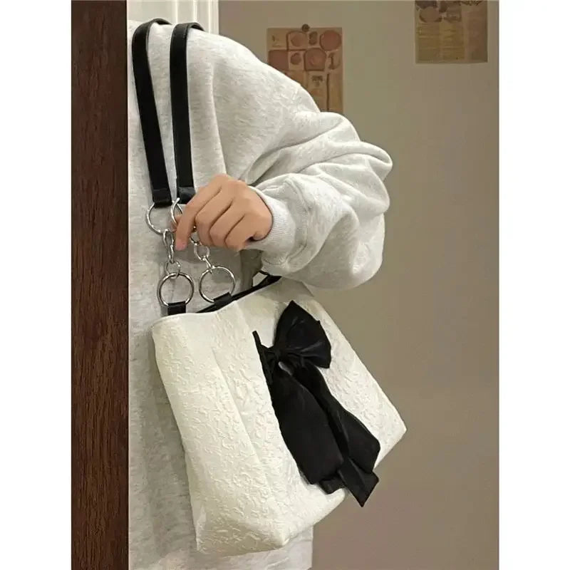 Crossbody Bags For Women Korean 2023 New Big Bowknot Tote Canvas Summer High Capacity Cute Simple Luxury Elegant Bark Texture