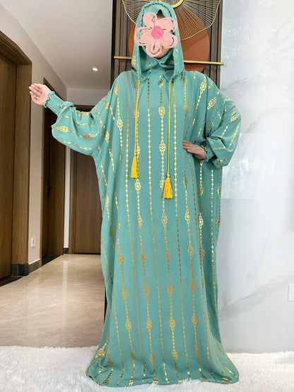 New Cotton Ramadan Muslim Two-Hat Abaya Dubai Turkey Islam Prayer Clothes Gold Dust   Dress Islam Women Dress Kaftan