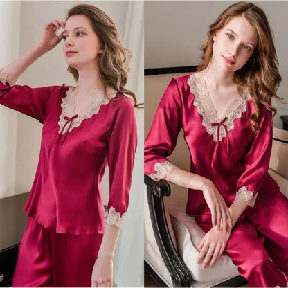 Women Silk Sleepwear Lace Tops Pants Pajama Sets Two Piece Suit Loungewear Sexy V-neck Nightwear Luxury Brand Women Clothing