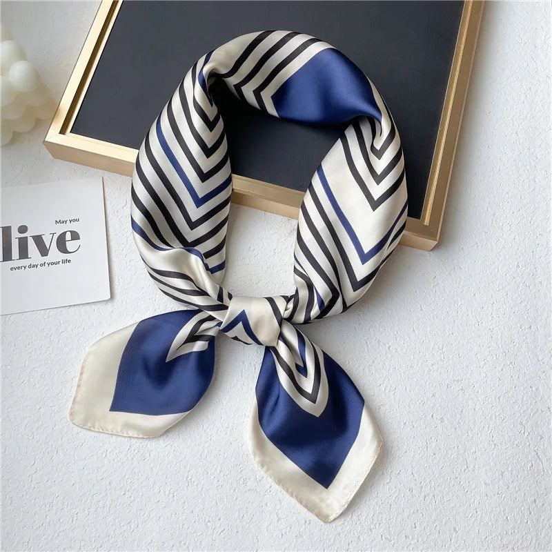 2022 Luxury Silk Finish Shawl Stripes Neckerchief Satin Square Scarf for Women Foulard Hijab Female Bandana