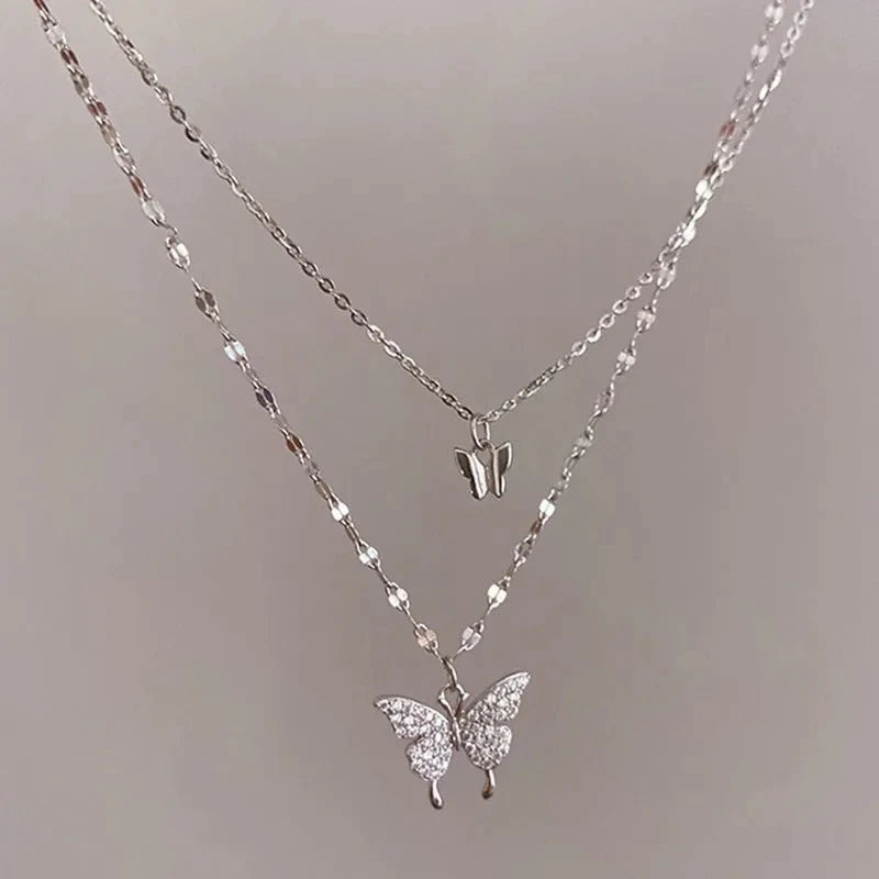 925 Sterling Silver Necklace For Woman Butterfly Necklace Ladies Exquisite Double Layer Clavicle Chain Necklace Jewelry Gift