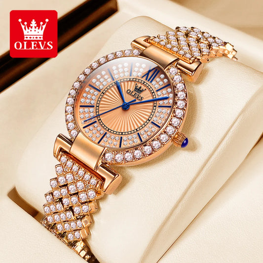 OLEVS Original Full Diamond Luxury Quartz Watch for Women Elegant Rose Gold Ladies Dress Wristwatch Stainless Steel Girl's Watch