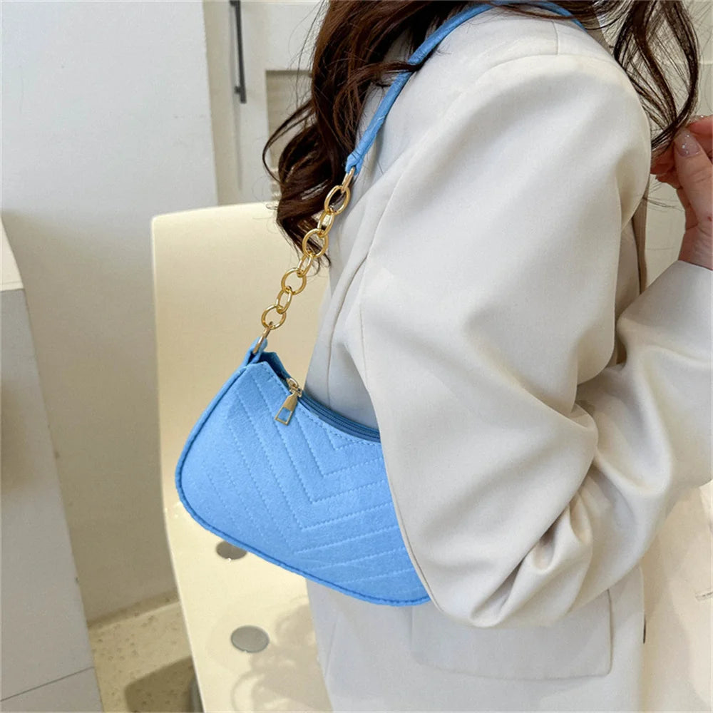 ISKYBOB 2024 Women Felt Mini Shoulder Bag Underarm Bags Solid Color Casual Handbags with Chain Shoulder Pouch Light Weigh Bag