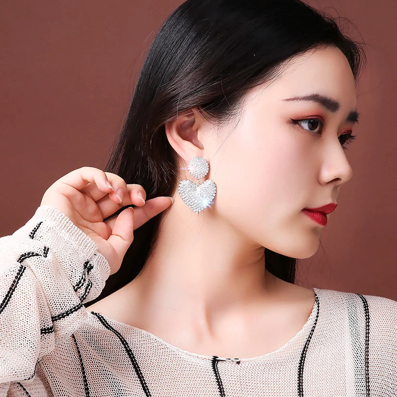 LATS New Heart Earrings Women's Luxurious Geometric Full Rhinestone Earrings Korean Gold Color Love 2020 Fashion Jewelry