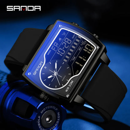 SANDA Top Brand Luxury Men Quartz Watch Fashion Square Watch Men Countdown Sports Waterproof Double Display LED Digital Watch