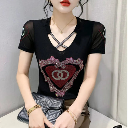 Fashion T-shirt  Diamonds Letter Rose