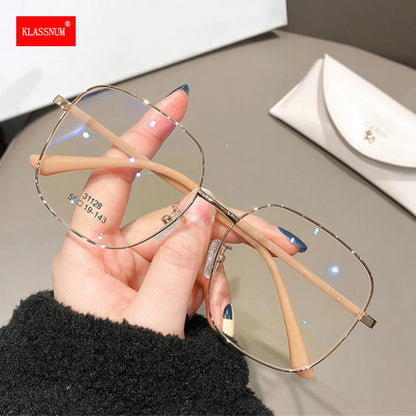 Women Fake Glasses Anti-blue Light Large Frame Glasses Transparent Lens Metal Frame Oversize Eyeglasses UV400 Protection Eyewear