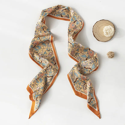 2023 Retro Satin Silk Hair Ribbon Scarf for Women Flower Print Skinny Scrunchies Hairbands Neckerchief Wrist Wrap Neck Tie