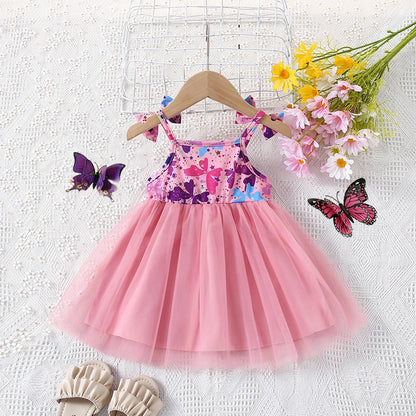 Summer New Girl's Cute Bow Suspender Patchwork Beautiful Mesh Fluffy Princess Dress Baby Birthday Party Dress