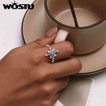 WOSTU 925 Sterling Silver Rainbow Mystic Quartz Cross Open Rings For Women Retro Eternity Faith Ring Party Jewelry Family Gift