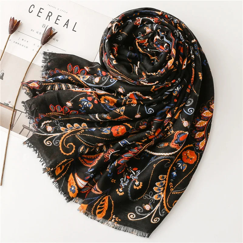 2023 Fashion Spring Autumn Viscose Scarf Shawl Black Cashew Prints Beach Shawl Pashmina Stole Wrap Echarpe Foulards Muslim Hijab