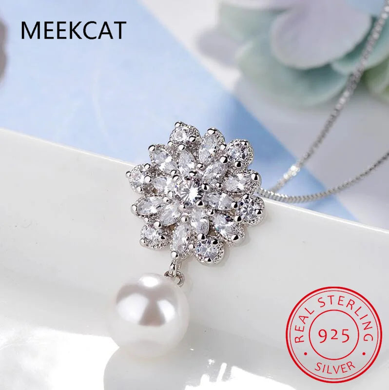 Real 925 Sterling Silver Sweet Snowflake Synthesis Pearl Choker Necklace For Women Birthday Gift Fine Jewelry DB1404