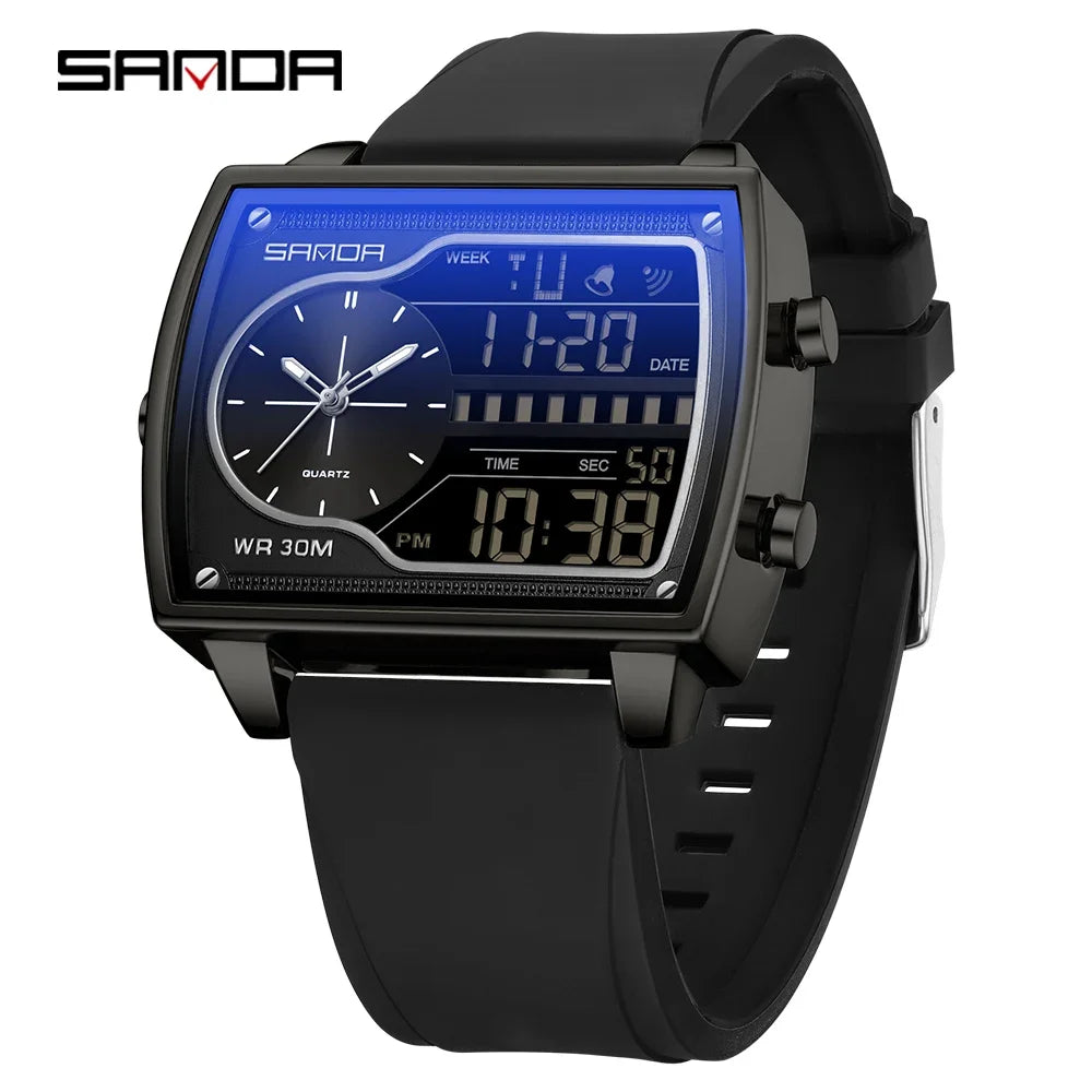 SANDA 6163 Fashion Trend Men's Quartz Watch Fashion Square Watch Countdown Sports Waterproof Dual Display Digital Men's Watches