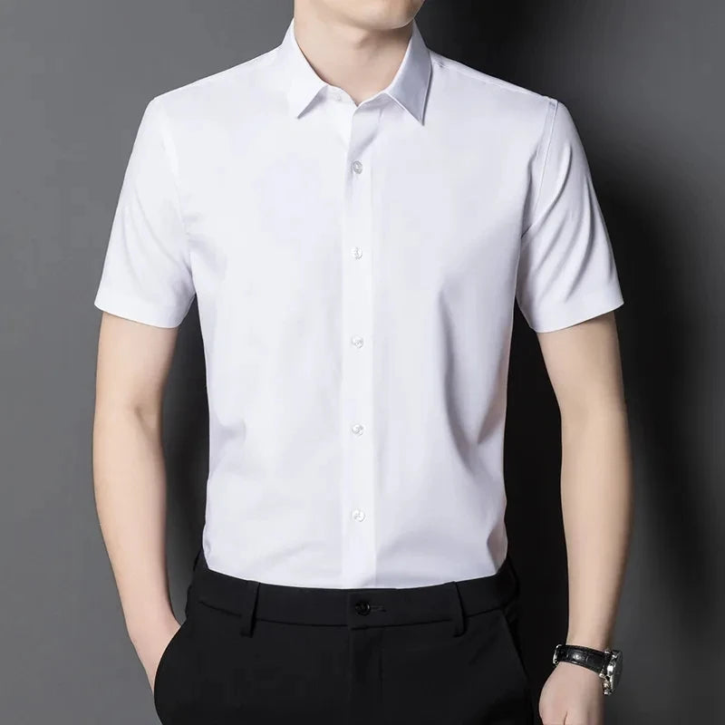 New Bamboo Fiber Stretch Men Shirt Fashion Casual Business Short-Sleeved Top Anti-Wrinkle No-Iron Solid Color Formal Shirt 6XL