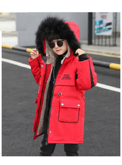 Winter Warmth Boys Fur Hood Fleece Lined Drawstring Zip Long Puff Jacket School Kids Therme Parka Child Snow Coat Outfit 3-15Yrs