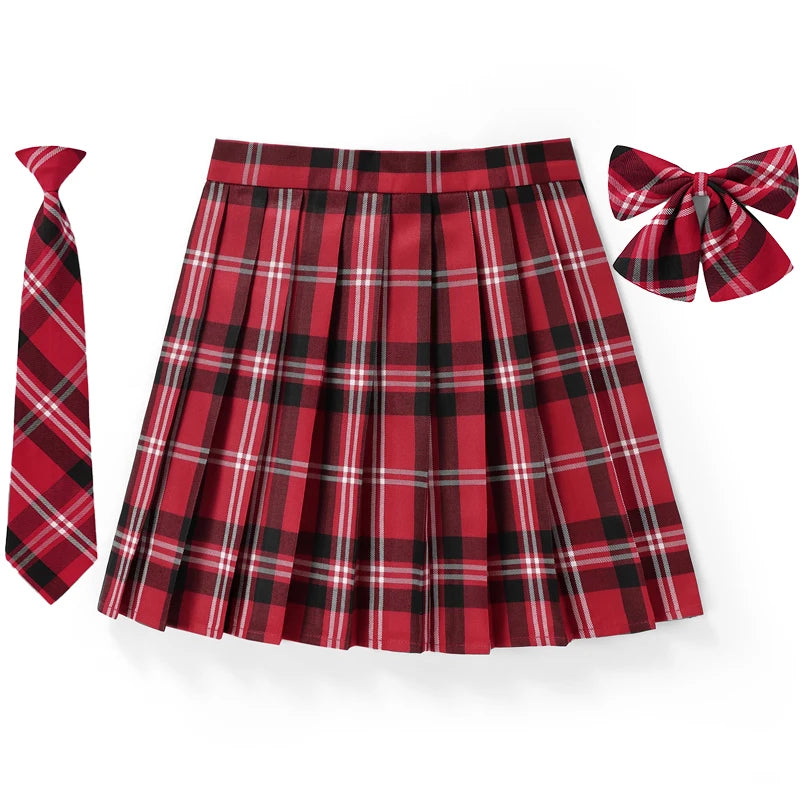 Women Plaid Pleat Skirt With Necktie Bowtie