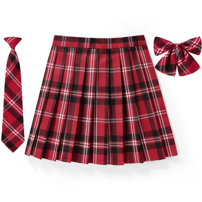 Women Plaid Pleat Skirt With Necktie Bowtie