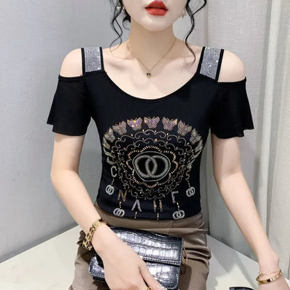 Fashion T-shirt  Diamonds Letter Rose