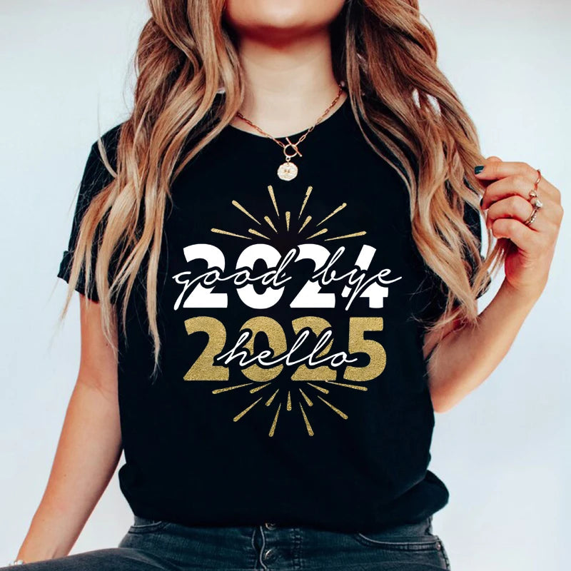 Hello 2025 Happy New Year Funny Printed Women Clothing Fashion Casual Short Sleeve White Female Tops Streetwear Tees