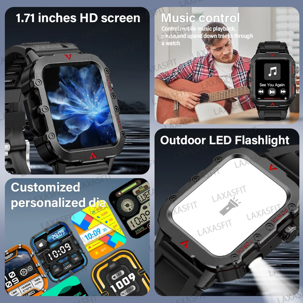 LAXASFIT 2024 Outdoor Military Men's Smart Watch Bluetooth Talk Sports Heart Rate Monitor Smart Watch Android IOS