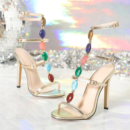 Bohemian Style Fashion Color Gem Strap Designer High Heels Sandals