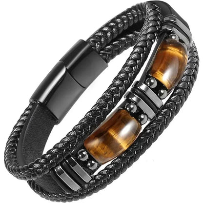 Tiger Eye Black Leather Bracelet