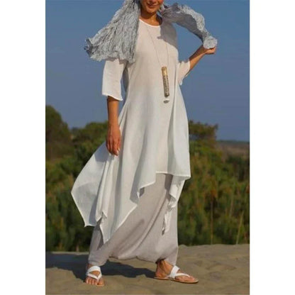 Women Irregular Leisure Loose Fitting Linen Shirt Tunic Pullover Blouse Baggy Tops Round Neck Comfy Dress