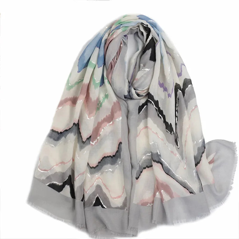 Newest Vintage Printing With Sliver Foiled Luxury Brand Woman Scarf Female Designer Shawls